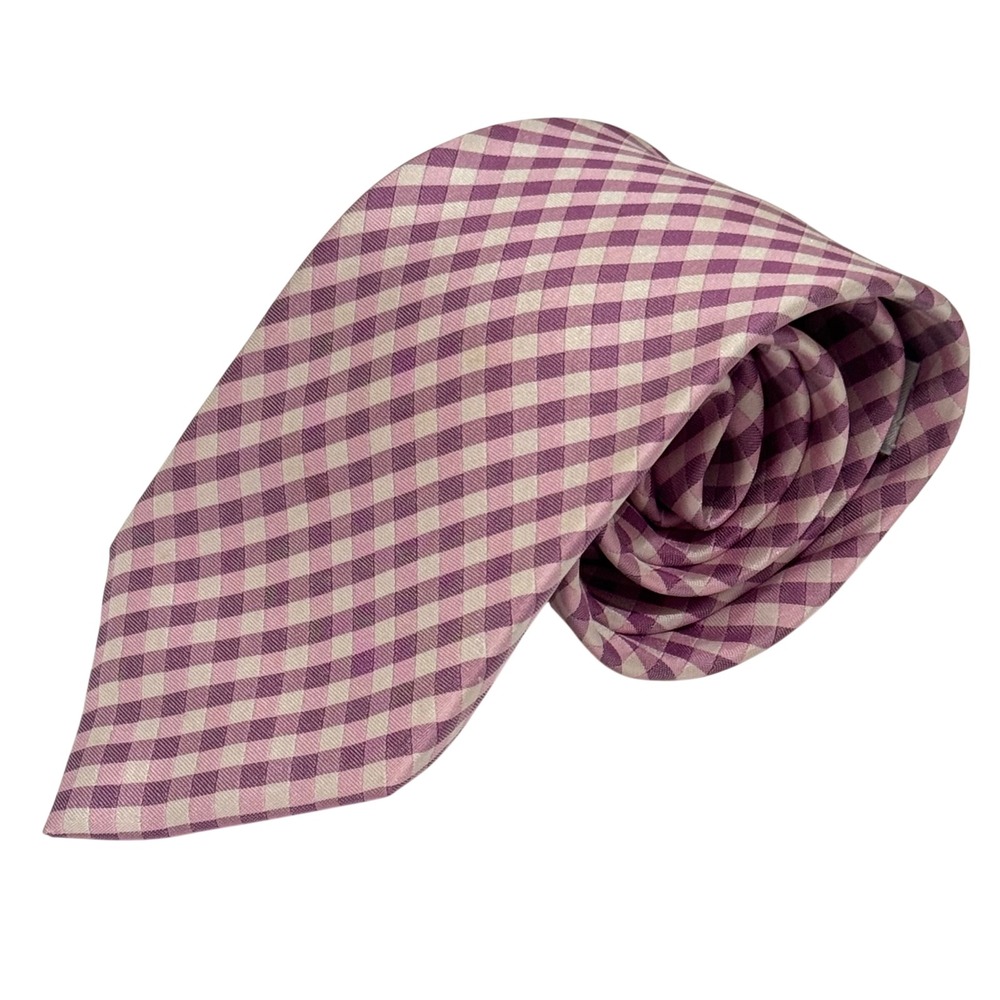 Geoffrey Beene Necktie Mens Pink Gingham Check 100% Silk Classic Easter Spring